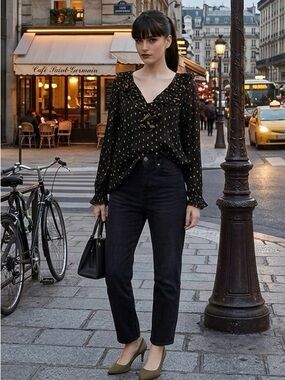 Sandro Black Metallic Dots Ruffle Blouse V Neck Long Sleeve Dressy Top
